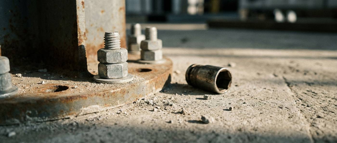 Heavy galvanized wedge anchor bolts set through a thick steel base flange into a concrete slab