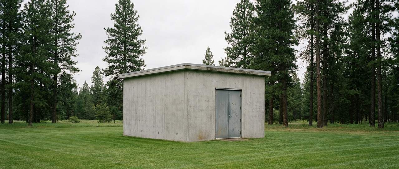 A small plain reinforced-concrete community shelter building with blank walls and a single heavy steel door at the edge of a grass lot