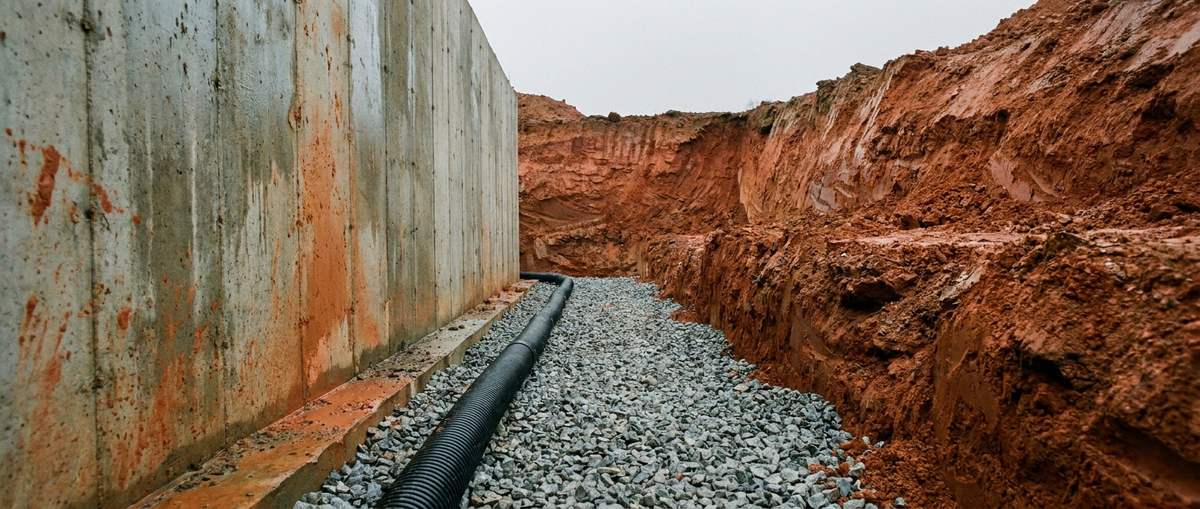 Washed drainage gravel and black perforated pipe laid against a concrete wall in dense red clay soil
