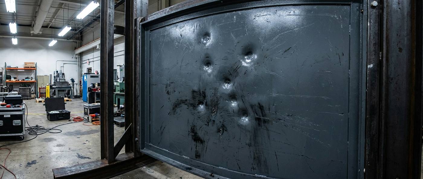 A thick steel test panel in a laboratory frame showing deep circular impact dents from projectile testing