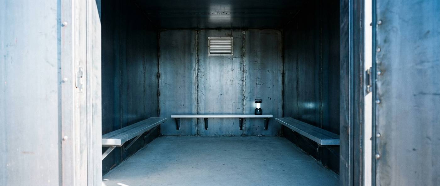 Interior of a steel tornado safe room with welded walls, fold-down bench seats and a ventilation grille