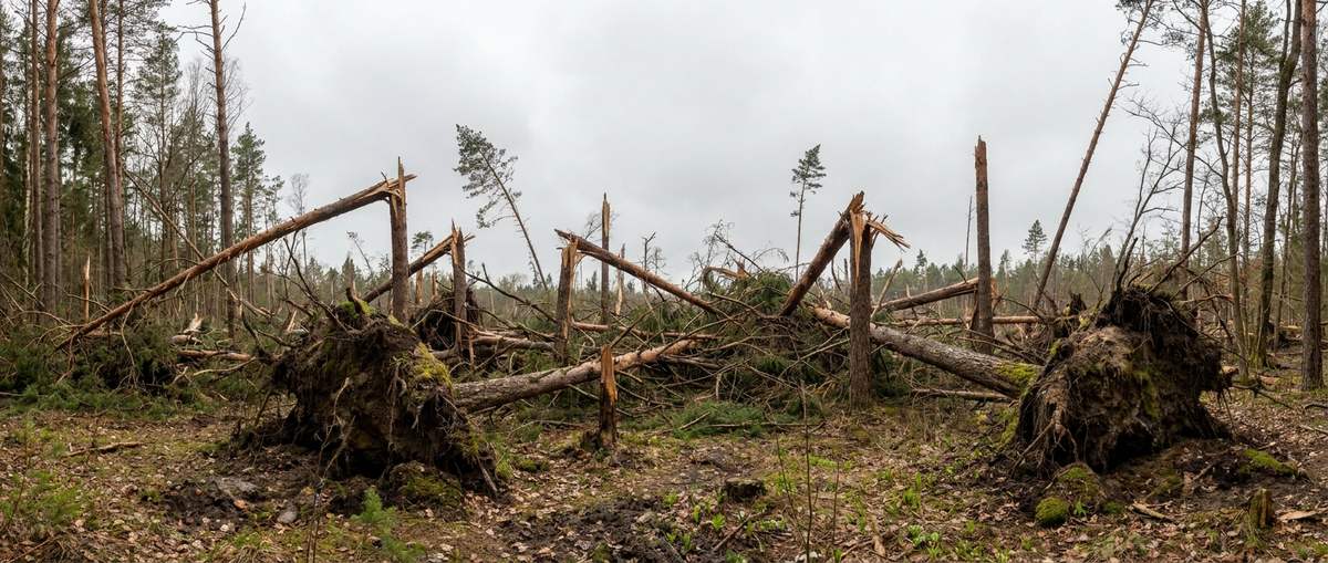 Snapped and twisted pine and hardwood trunks with downed timber across the forest floor after a tornado