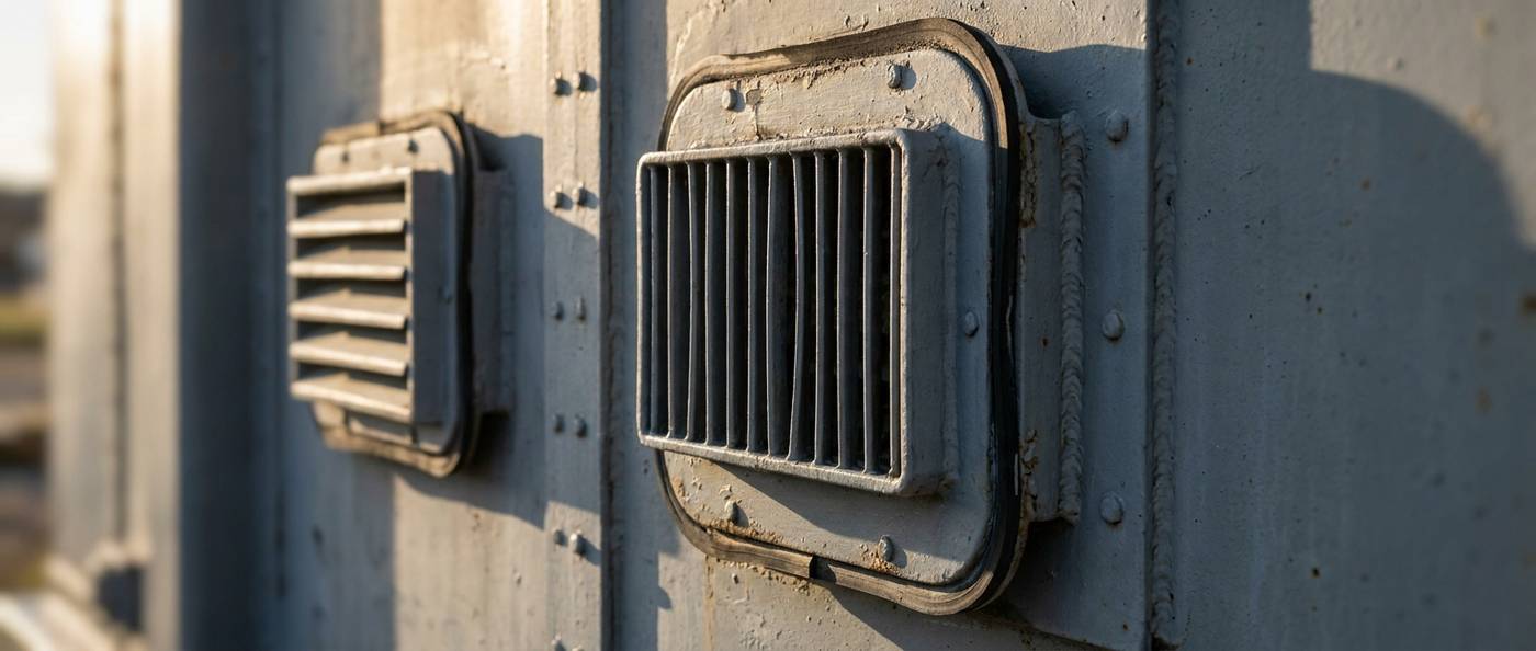 Close-up of heavy-gauge steel ventilation grilles set into a thick painted steel shelter wall